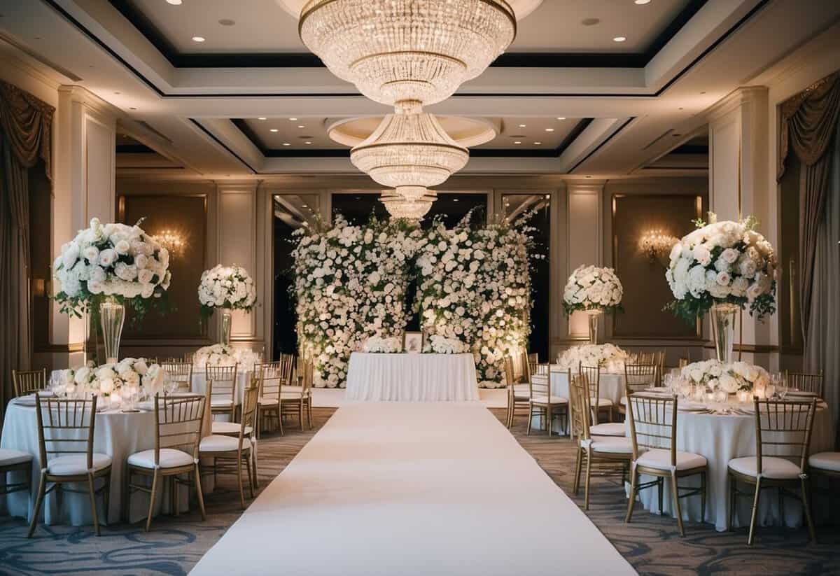 A lavish wedding venue with ornate decorations, elegant lighting, and a grand floral display