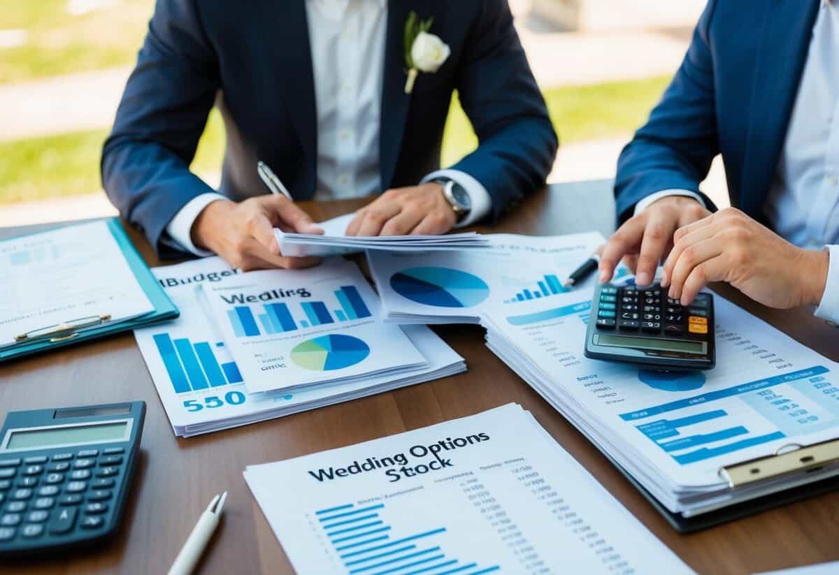 A couple sits at a table covered in wedding magazines and spreadsheets, discussing budget options. A calculator and pen are nearby. Outside, a sunny day hints at the upcoming celebration