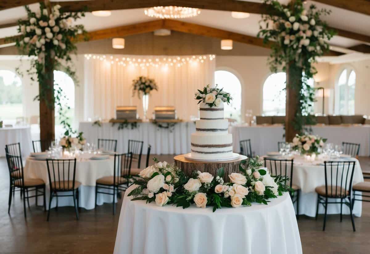 A wedding venue with floral decor, catering set-up, and a wedding cake displayed, surrounded by tables and chairs