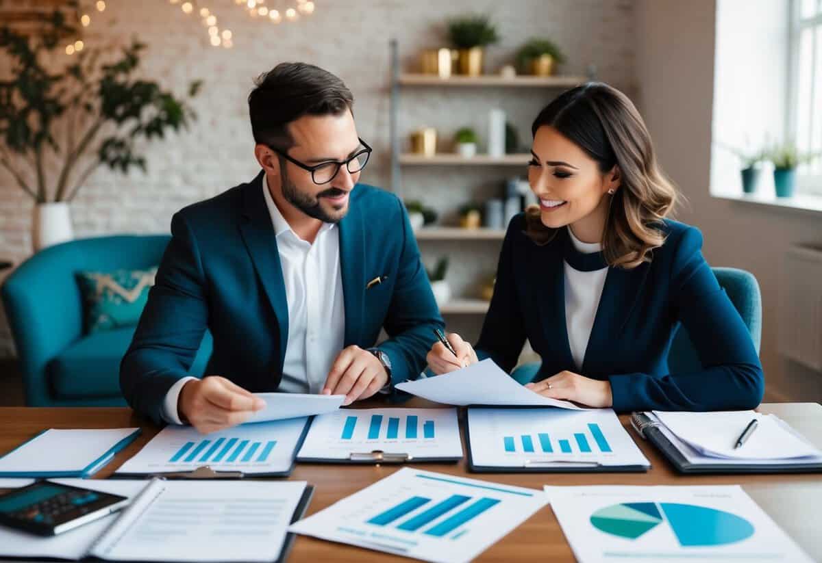 A couple and a wedding planner reviewing budget spreadsheets and discussing options in a cozy office setting