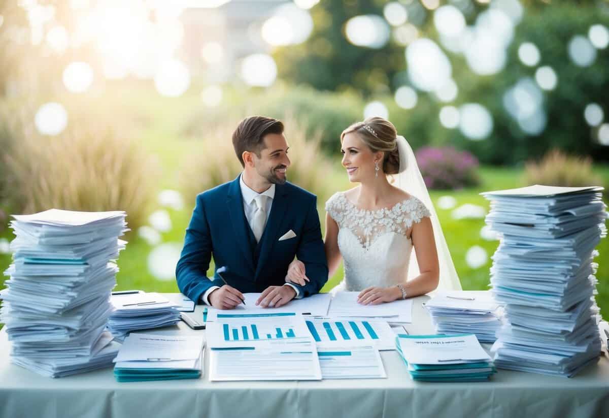 A bride and groom sitting at a table covered in wedding planning materials, surrounded by stacks of invoices and financial documents