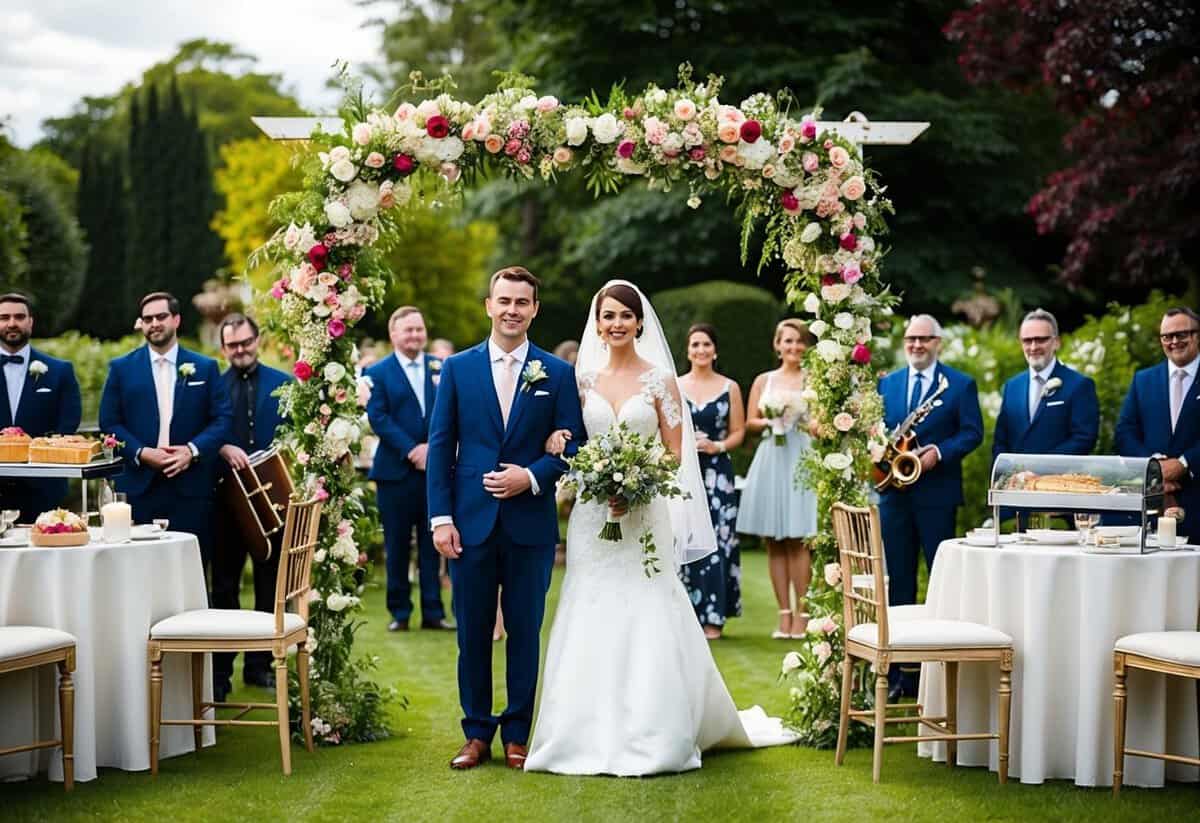A bride and groom stand under a floral arch in a garden, surrounded by guests and a small band. Tables are set with elegant decor and a buffet