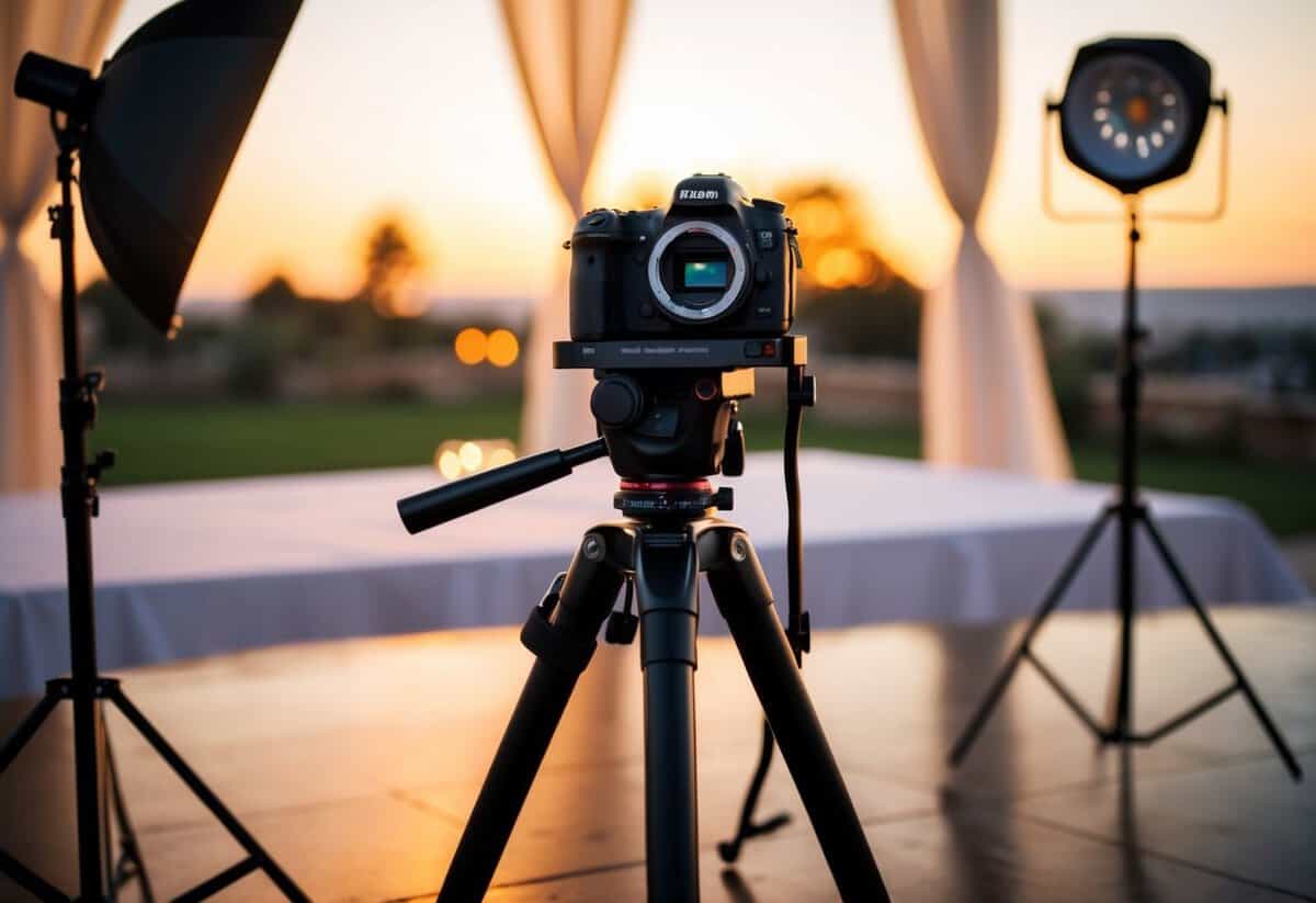 A wedding photographer's camera, tripod, and lighting equipment set up in a romantic outdoor setting, capturing the golden hour light