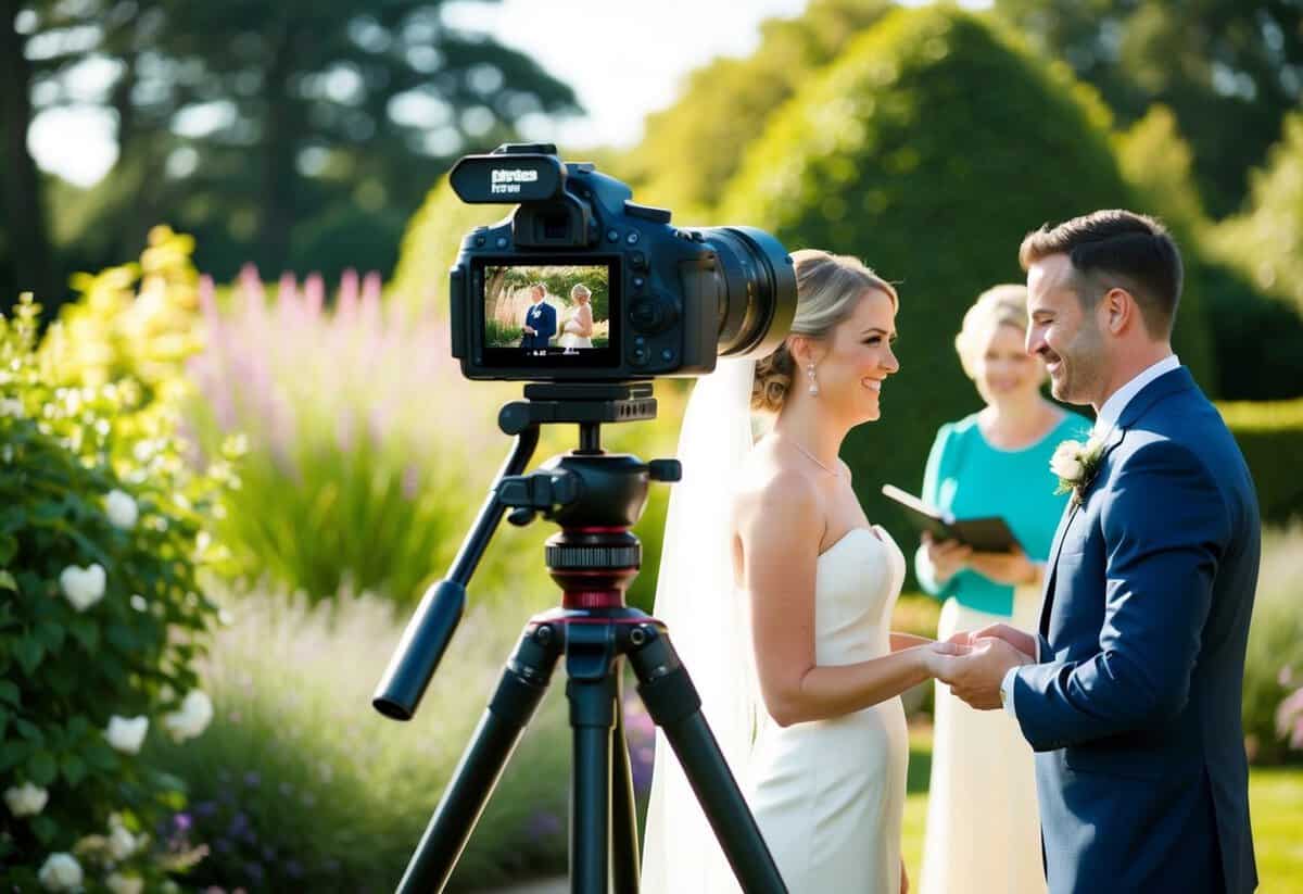 A camera on a tripod capturing a bride and groom exchanging vows in a sunlit garden
