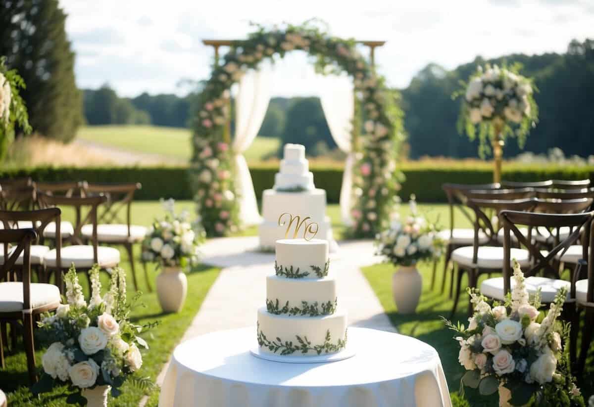 A wedding scene with floral arrangements, a decorative arch, seating, and a wedding cake, set in a picturesque outdoor venue