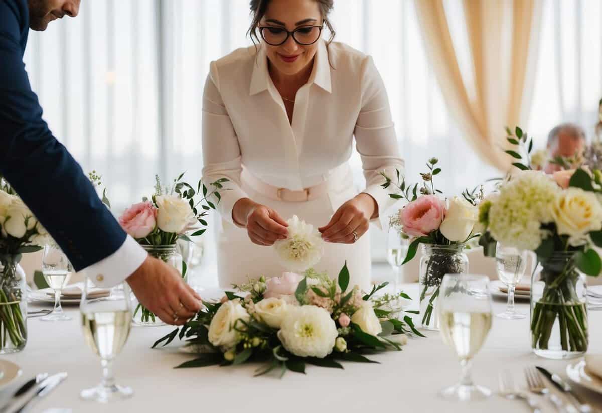 A wedding planner adding final details to a table setting with flowers and decorations