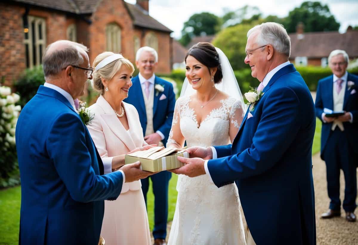 A traditional UK wedding scene with the bride's parents presenting a financial contribution towards the wedding expenses