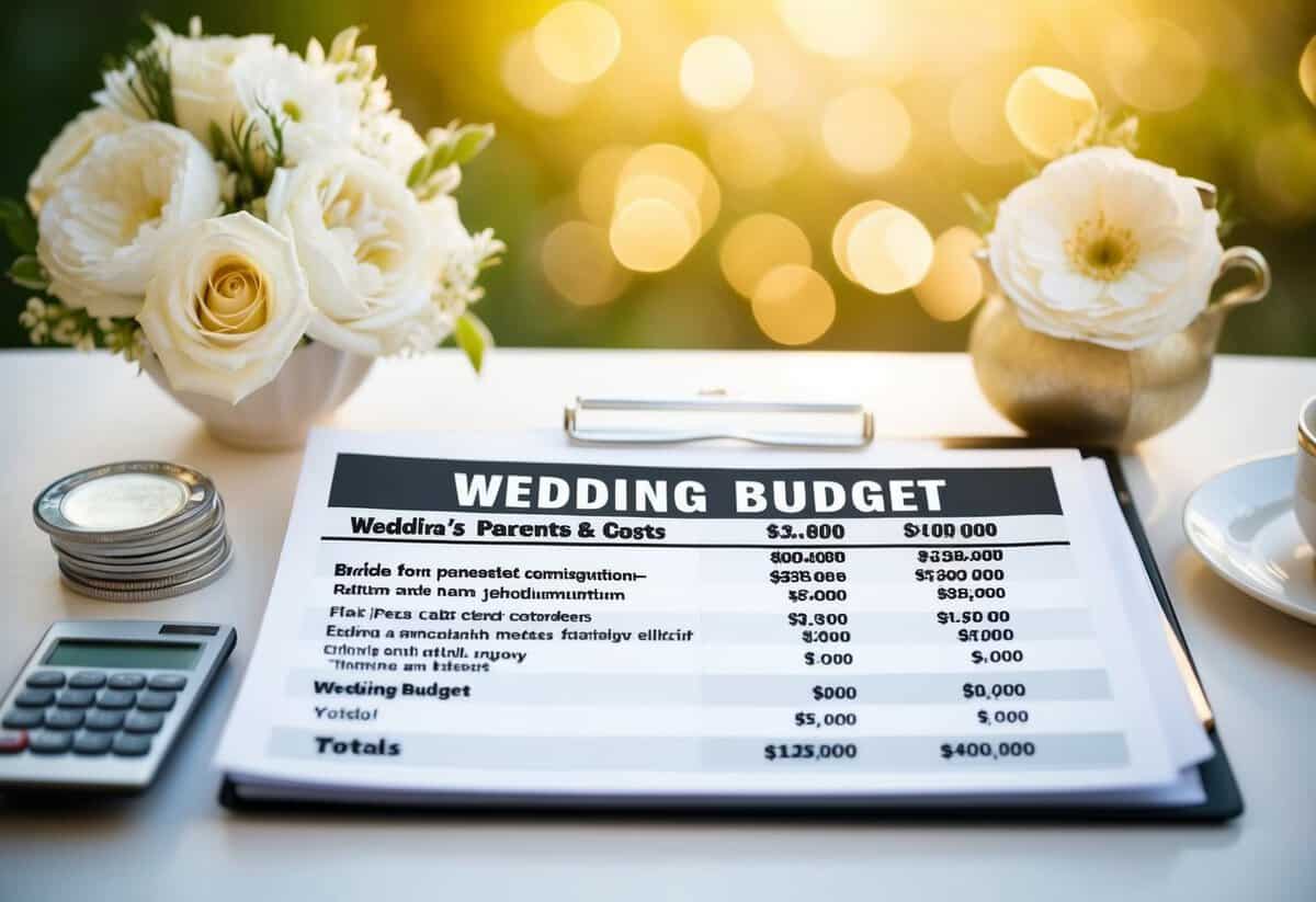A table with wedding budget items and costs, including a section for the bride's parents' contributions