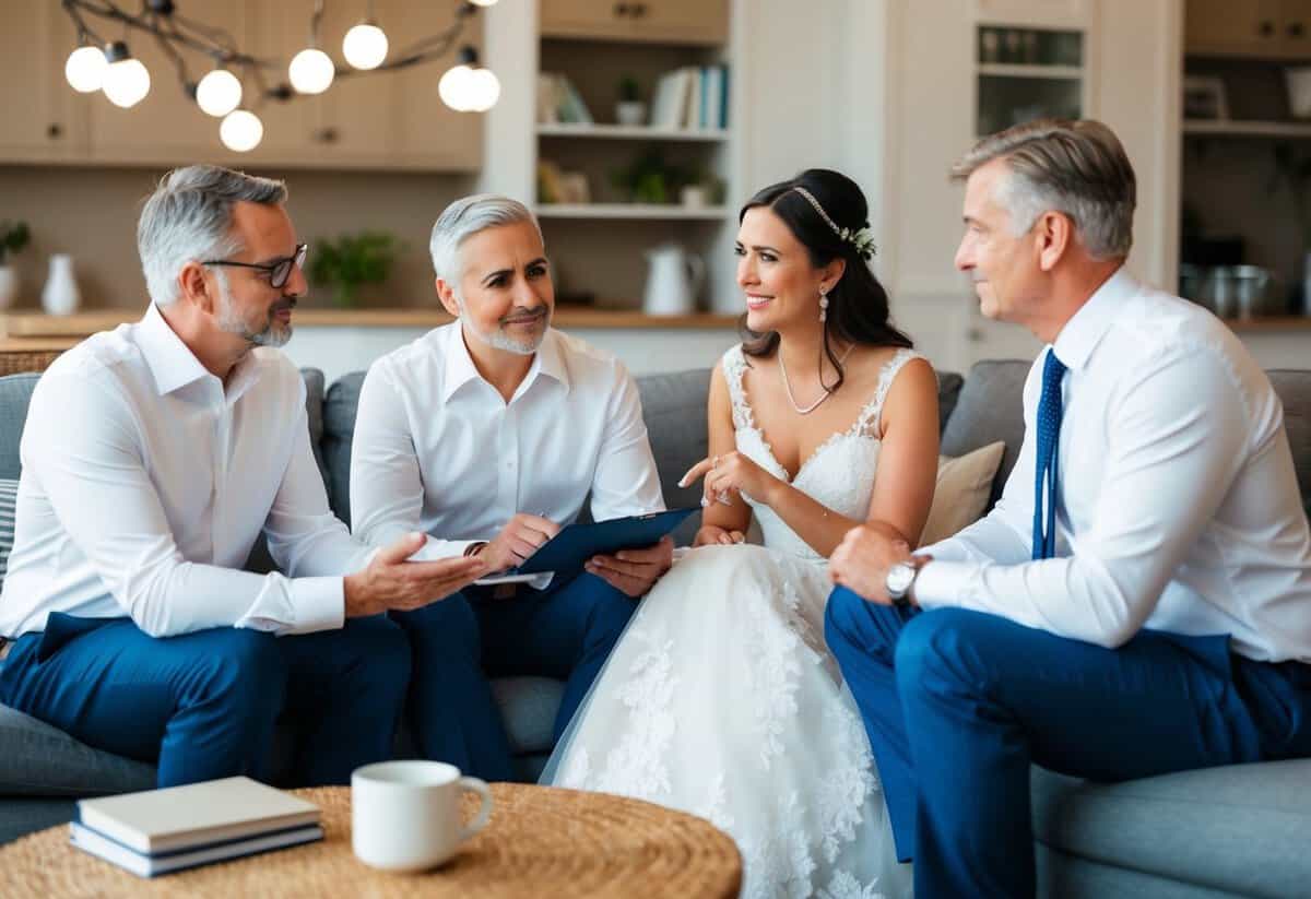 A bride's parents discussing wedding costs with a financial advisor in a cozy living room