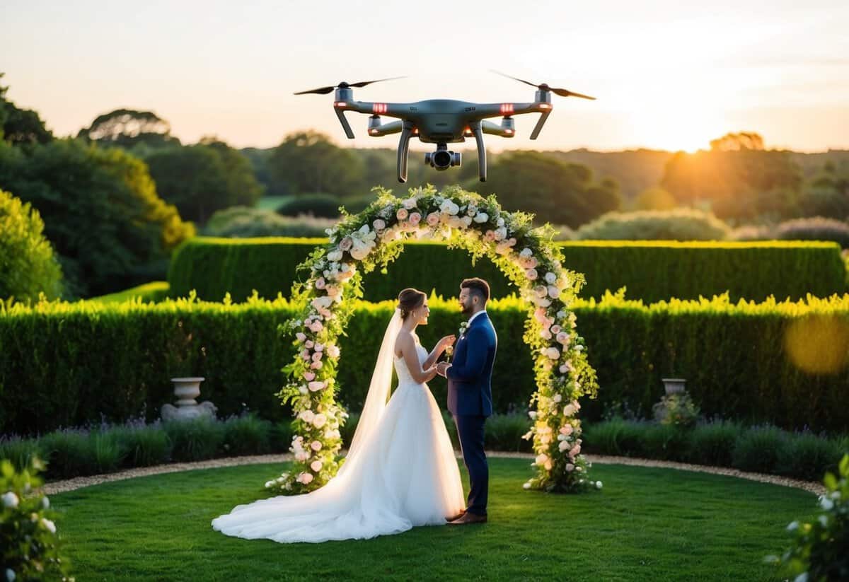 A drone hovers over a lush garden, capturing the bride and groom exchanging vows under a floral arch. The sun sets behind them, casting a warm glow over the scene