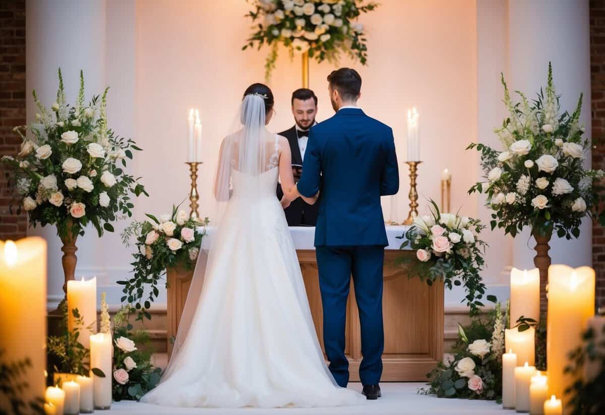 A bride and groom stand at the altar, surrounded by flowers and candles, as a soft light illuminates the scene