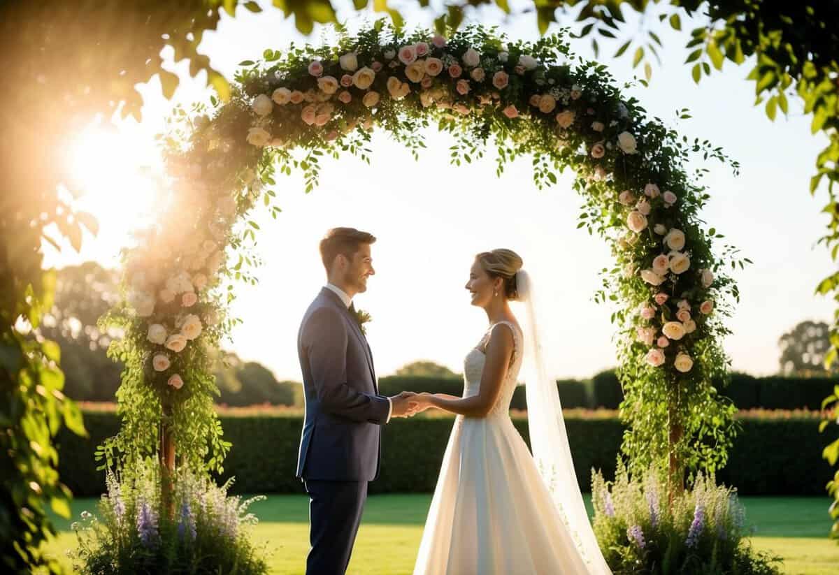 A bride and groom stand in a lush garden, exchanging vows under a floral archway as the sun sets behind them, casting a warm glow over the scene