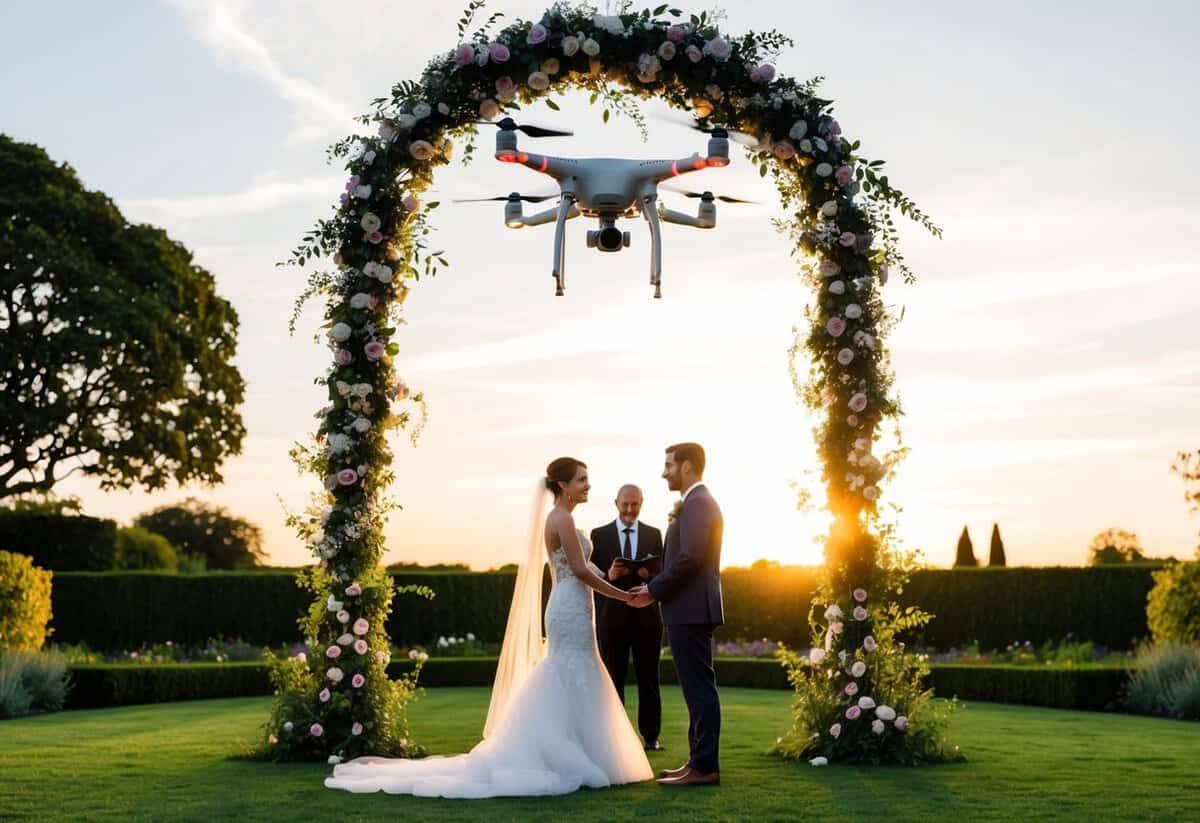 A drone hovers above a lush garden, capturing the exchange of vows under a floral archway as the sun sets behind the couple