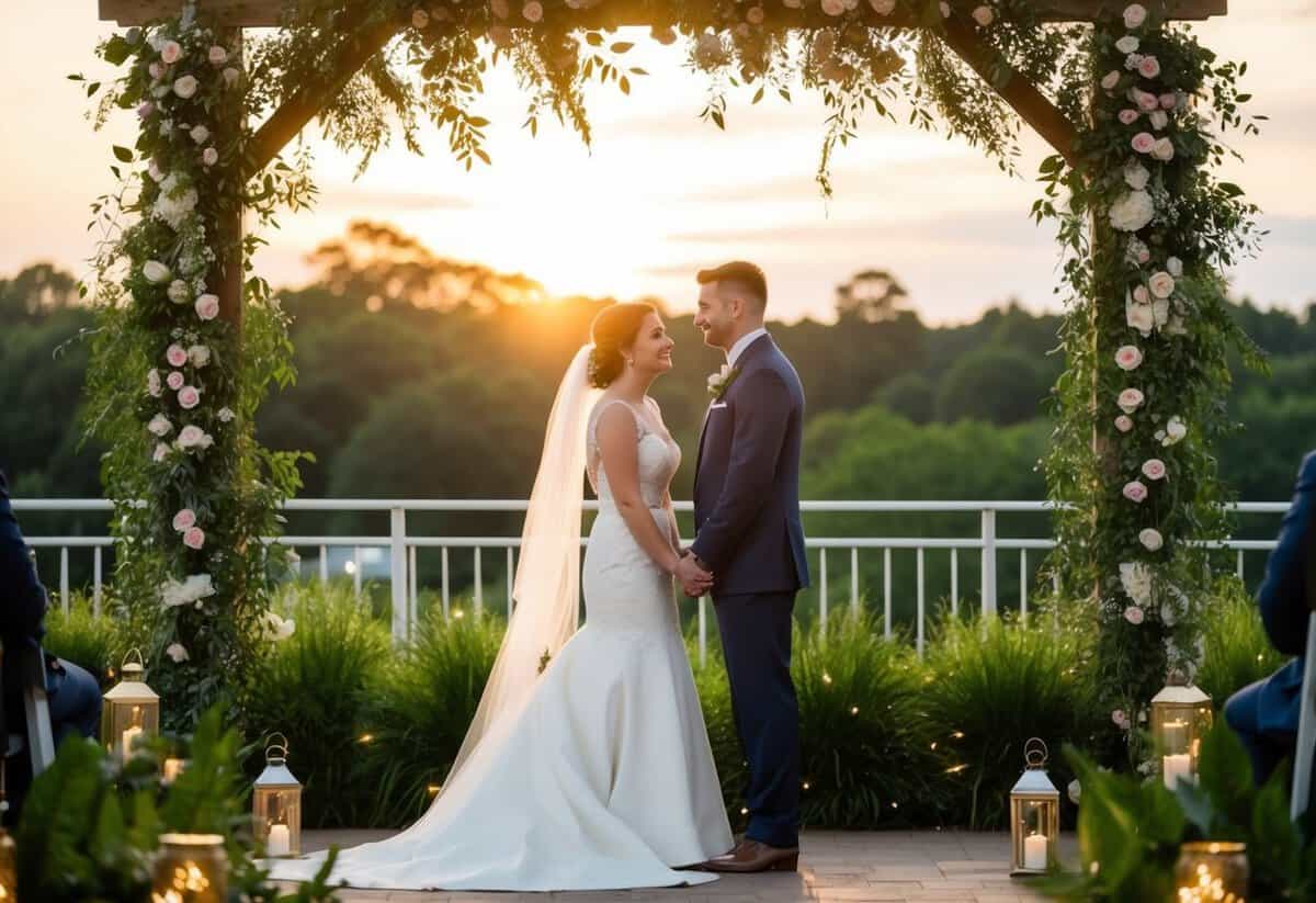 A bride and groom stand beneath a floral arch, surrounded by twinkling lights and lush greenery. The sun sets behind them, casting a warm glow over the scene