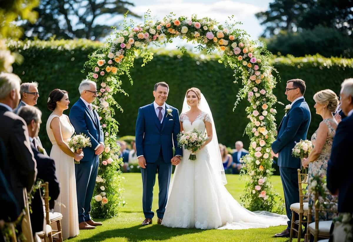A bride and groom stand beneath a floral arch in a sun-dappled garden, surrounded by friends and family, as a videographer captures the tender moments of their wedding ceremony