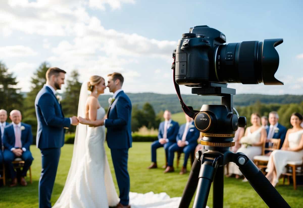 A camera on a tripod captures a bride and groom exchanging vows in a scenic outdoor setting, with guests seated in the background