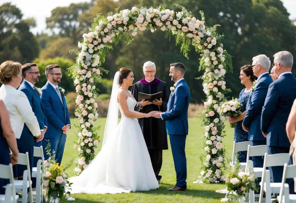 A bride and groom stand beneath a floral arch, surrounded by guests in an outdoor setting. A minister officiates the ceremony as the couple exchanges vows