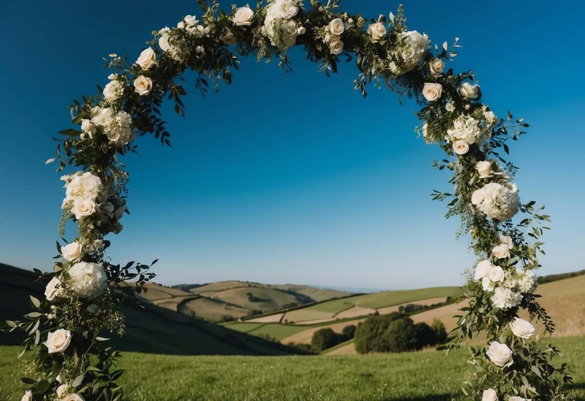 A beautiful wedding arch adorned with flowers and greenery, set against a backdrop of rolling hills and a clear blue sky