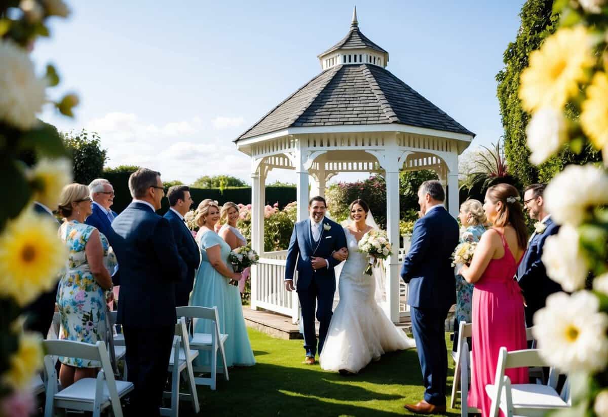 A sunlit garden with blooming flowers and a picturesque gazebo, surrounded by friends and family, capturing a joyful wedding ceremony