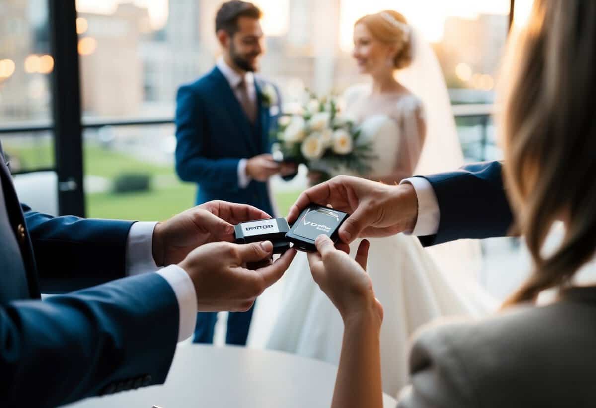 A wedding videographer hands over a USB drive containing raw footage to a client