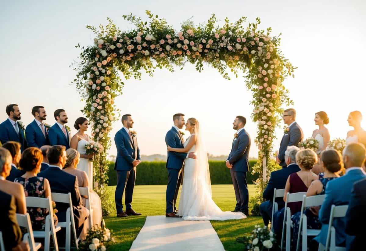 A serene outdoor wedding ceremony with a bride and groom standing beneath a floral arch, surrounded by their wedding party and guests. The sun is setting, casting a warm glow over the scene