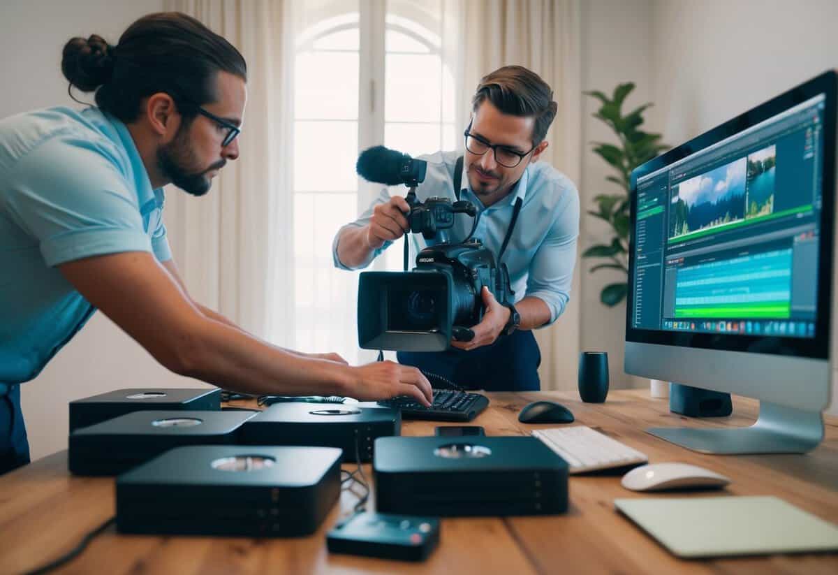 A wedding videographer carefully selects and organizes raw footage on their computer, surrounded by hard drives and editing equipment