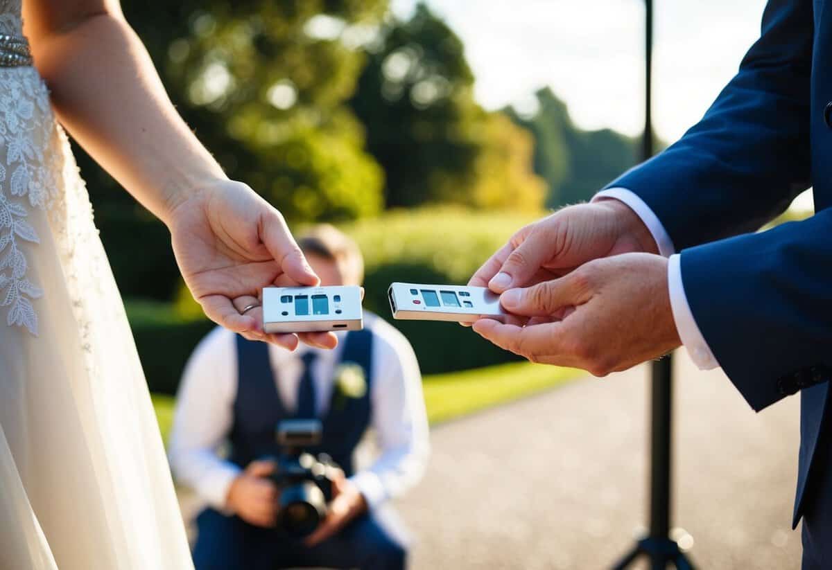 A wedding videographer hands over a USB drive containing raw footage to a couple