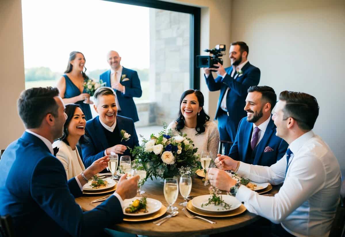 A group gathered around a table, sharing stories and laughter, with a wedding videographer in the background capturing the joyful moments