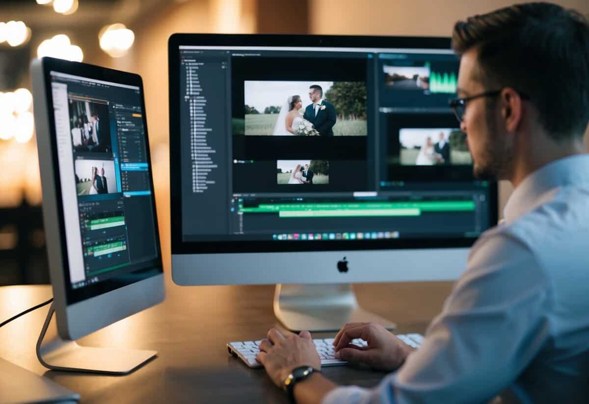 A person sitting at a computer, using editing software to work on a wedding video