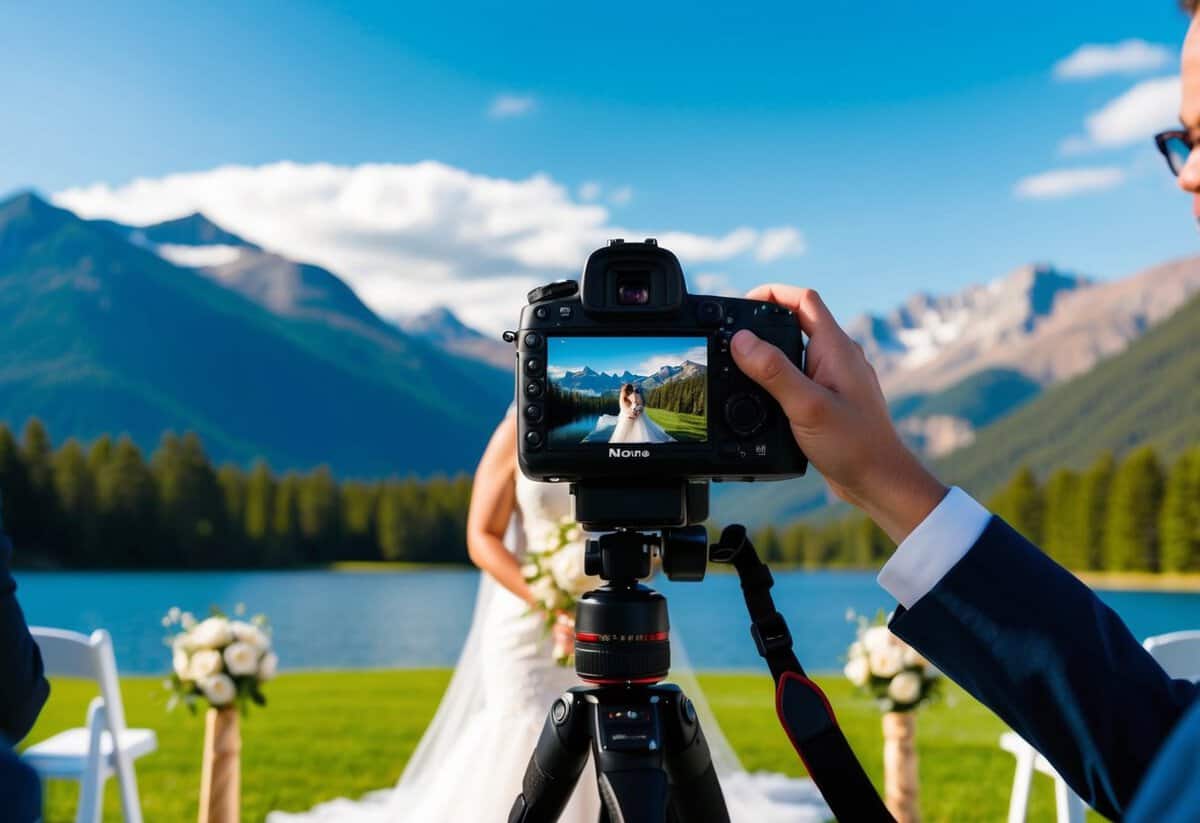 A wedding photographer's camera capturing a beautiful outdoor ceremony with a scenic backdrop of mountains and a serene lake