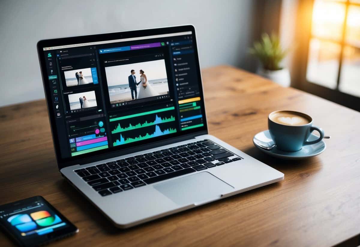 A laptop displaying a wedding video editing software with various tools and options open on the screen. A cup of coffee sits next to the laptop on a wooden desk