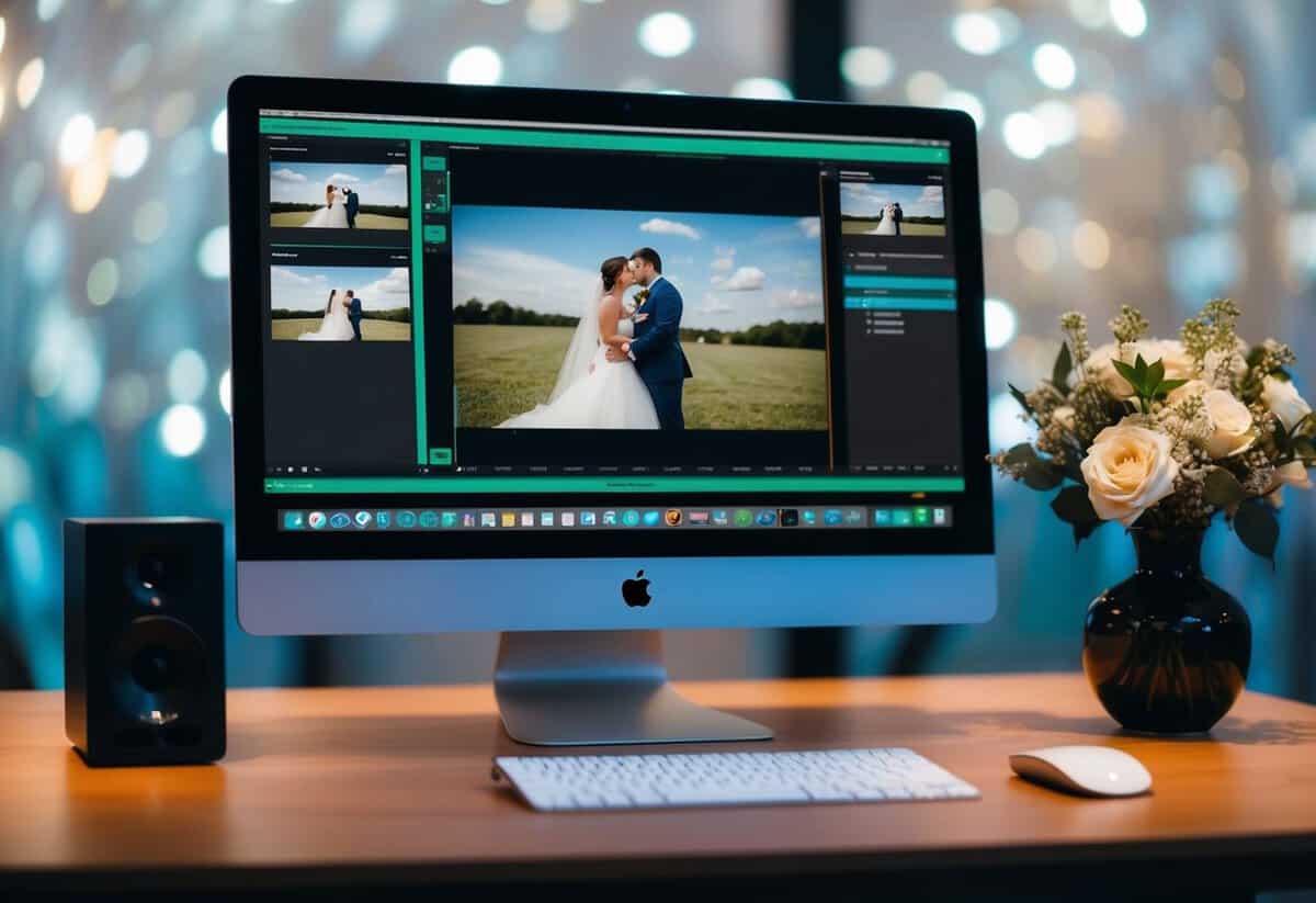 A computer with video editing software open, displaying a wedding video timeline