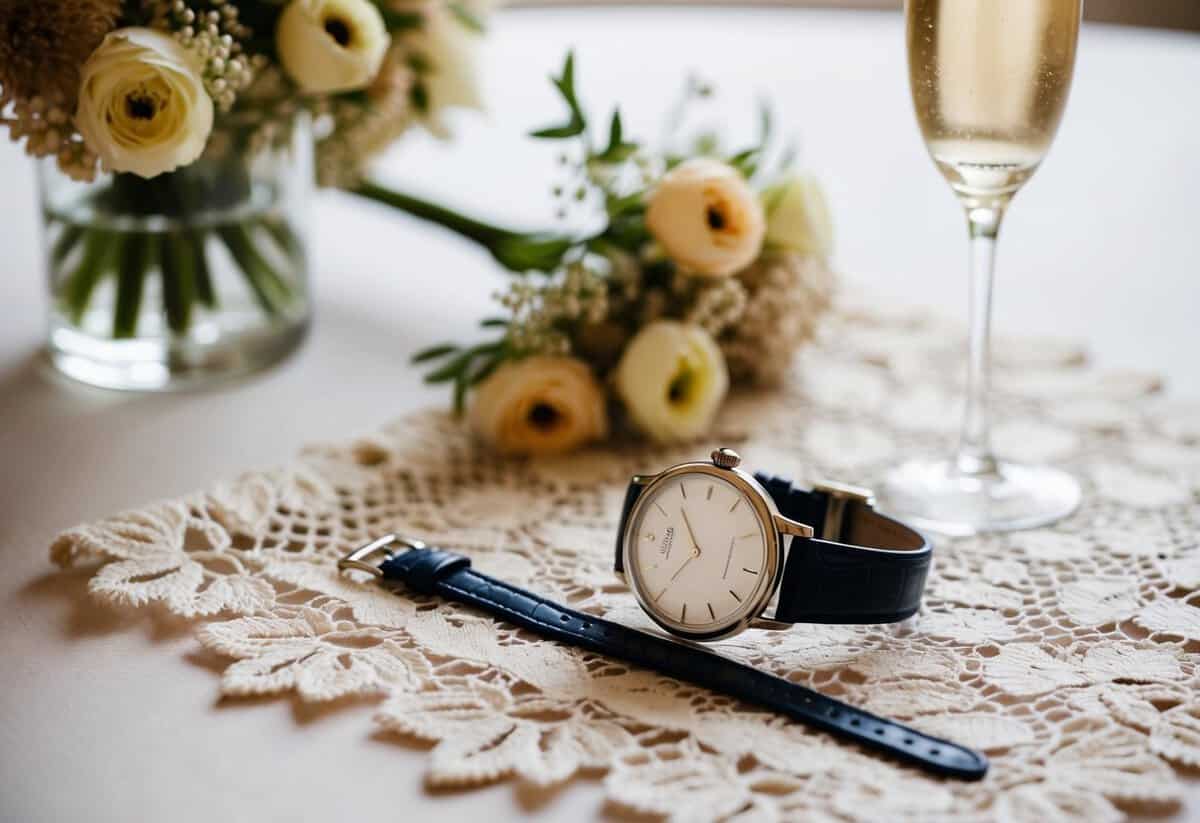 A watch resting on a lace tablecloth next to a delicate bouquet of flowers and a champagne flute