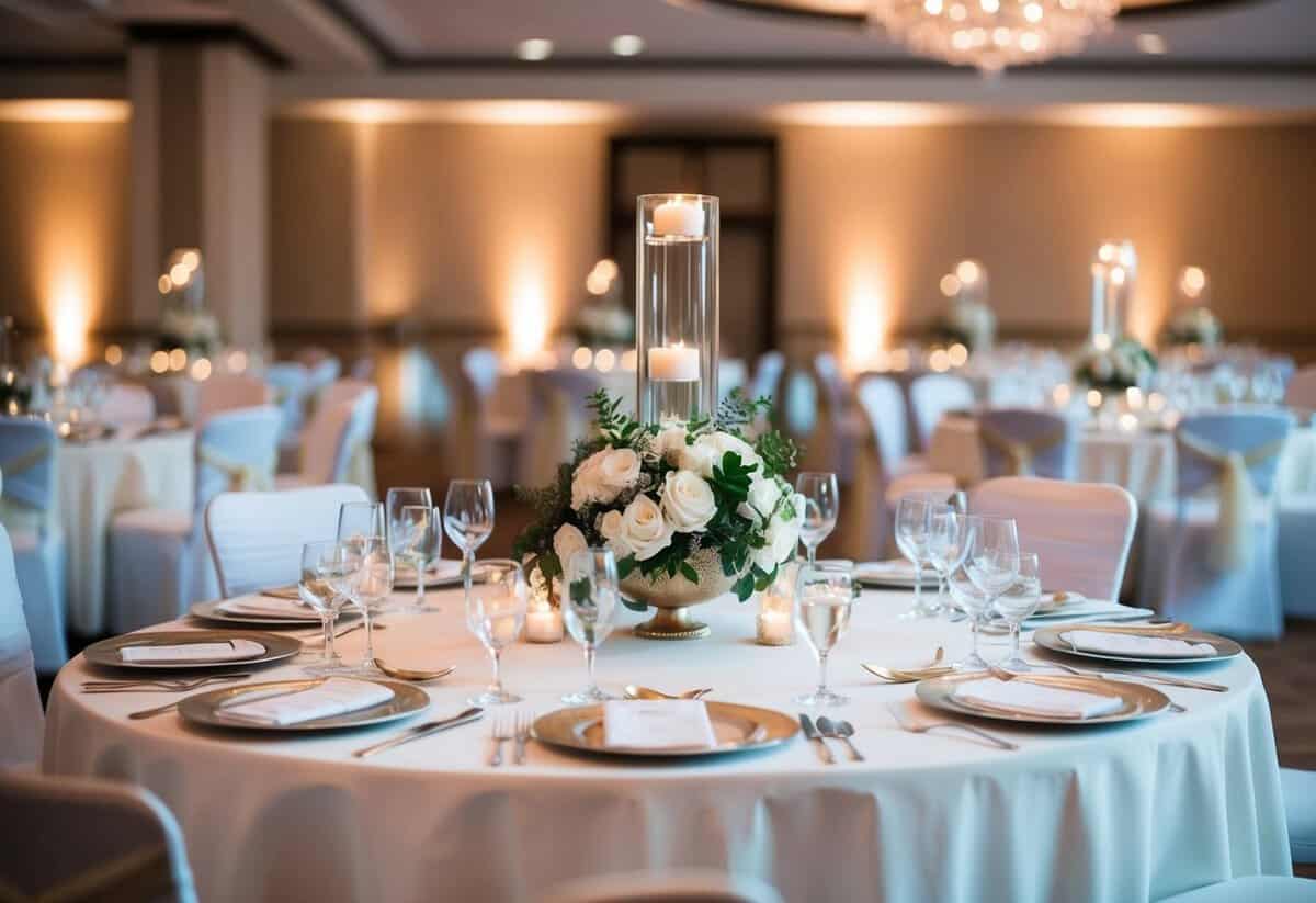 A beautifully set table at a wedding reception, adorned with elegant centerpieces and fine china
