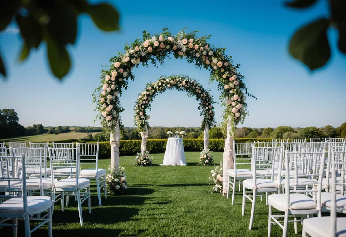A beautiful outdoor wedding ceremony with a flower-filled arch and rows of white chairs. A picturesque setting with a clear blue sky and a lush green landscape