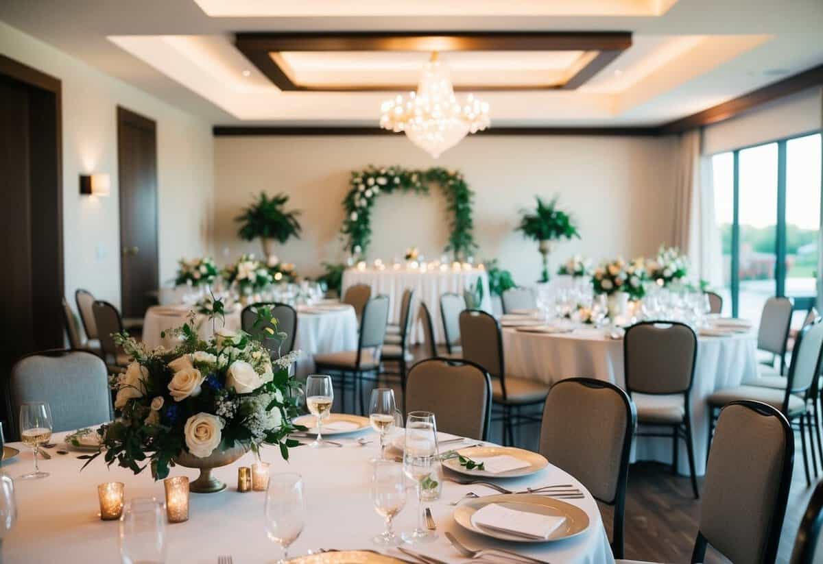 A wedding venue with decorations, flowers, and seating for guests