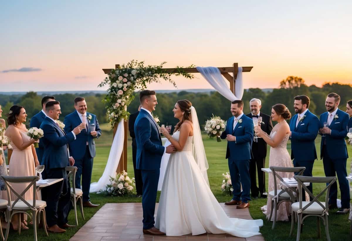A wedding ceremony, cocktail hour, dinner, toasts, and first dances in a picturesque outdoor setting with a sunset backdrop
