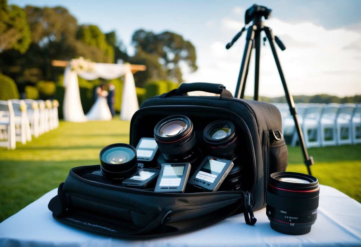 A wedding photographer's camera bag overflowing with memory cards, lenses, and a tripod, set against a backdrop of a picturesque outdoor ceremony venue