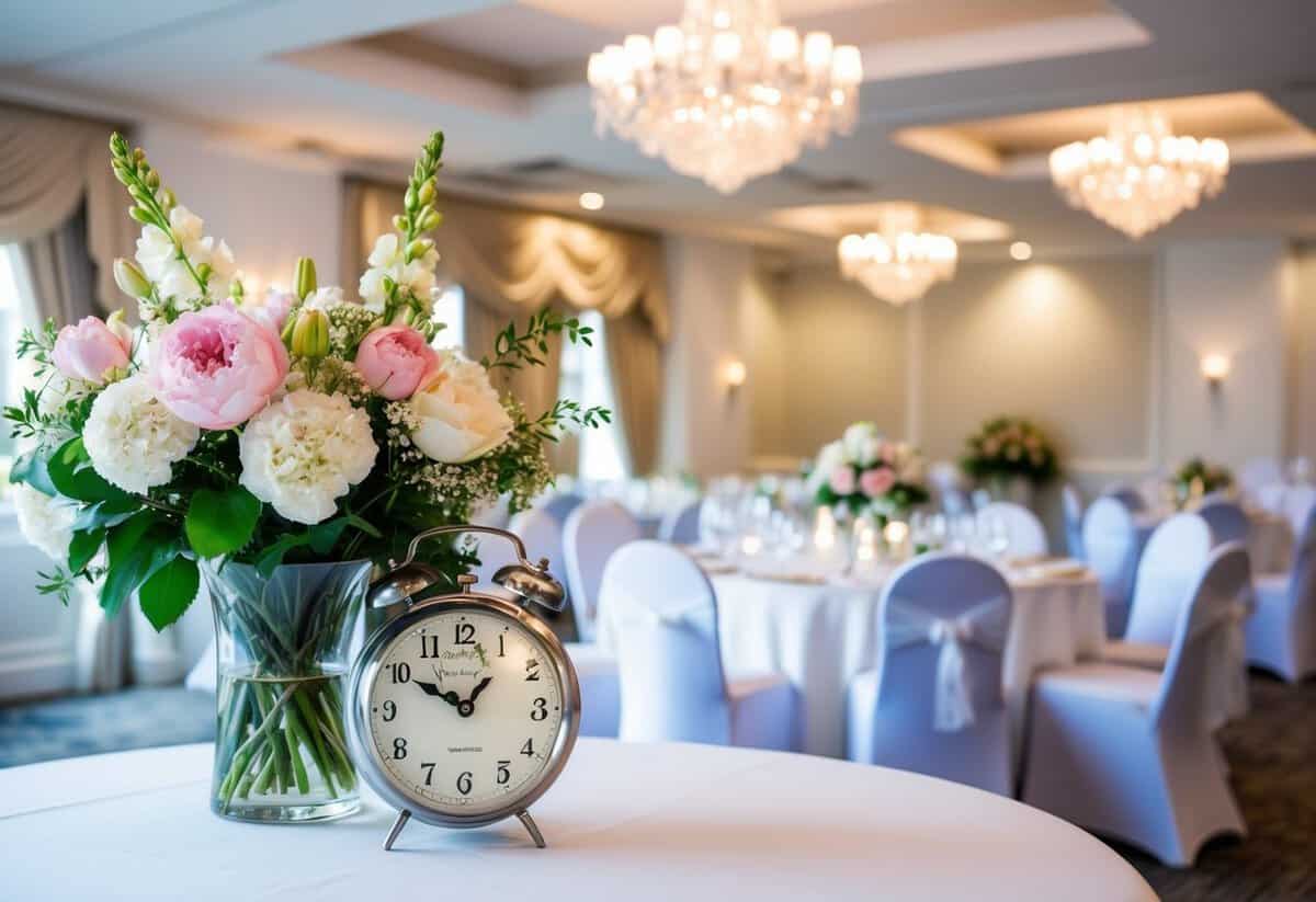 A wedding venue with blooming flowers, elegant decorations, and a serene atmosphere, with a clock showing the passage of time over 5 hours