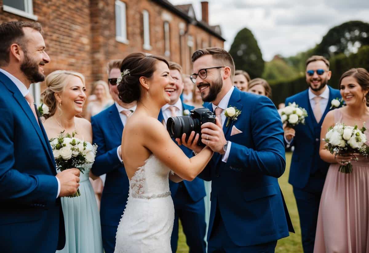 A lone photographer captures joyful moments among wedding party and guests