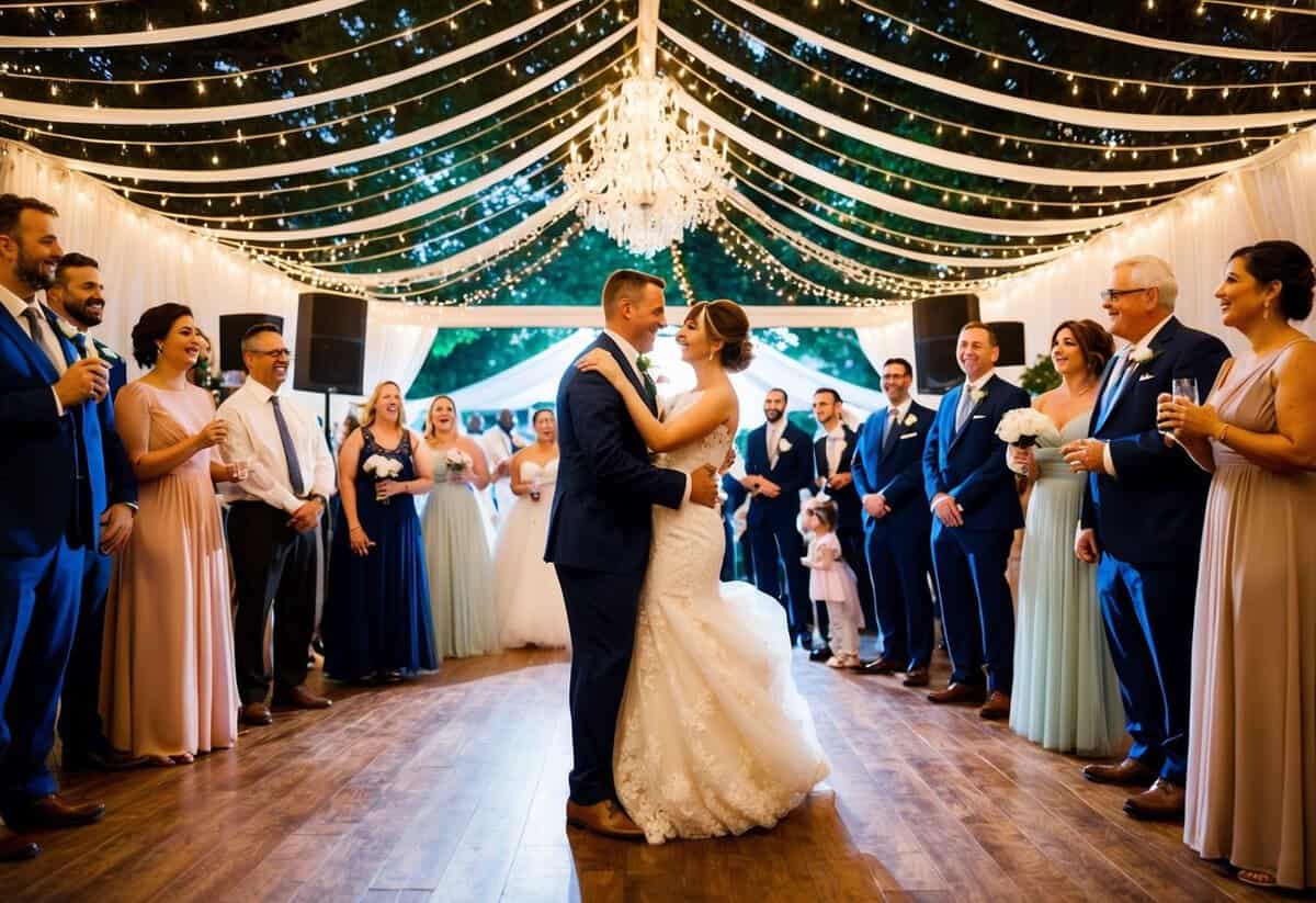 A bride and groom dance under a canopy of twinkling lights, surrounded by friends and family, while soft music fills the air