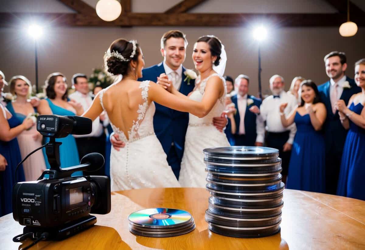 A bride and groom happily dance at their wedding, a video camera capturing the joyful celebration. A stack of music CDs sits nearby, representing the question of using copyrighted music