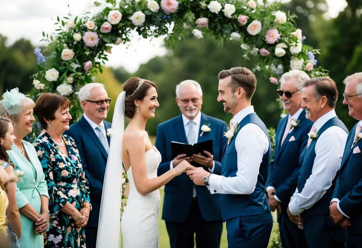 A bride and groom standing under a flower arch, surrounded by family and friends, exchanging vows and rings