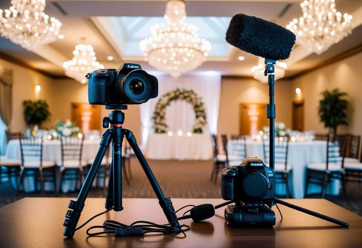 A camera, tripod, microphone, and lighting equipment set up in a beautifully decorated wedding venue