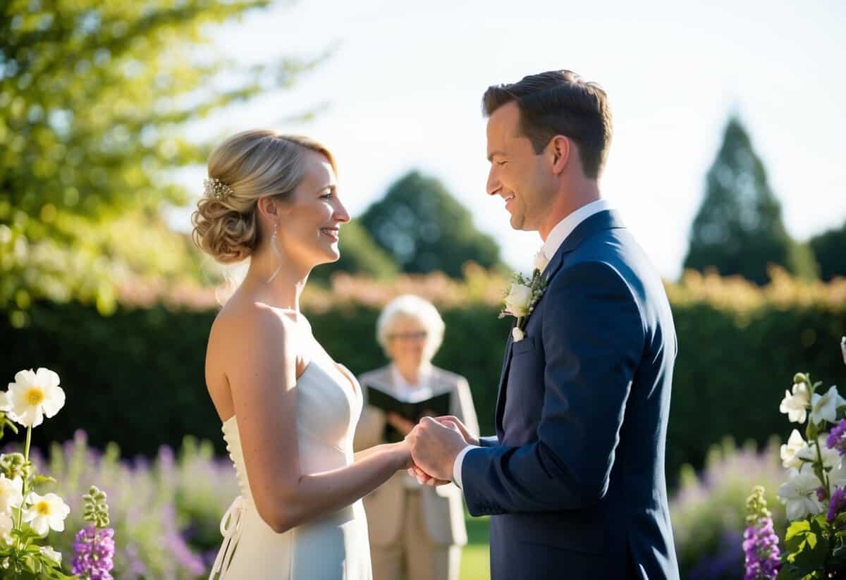 A couple exchanging vows in a sunlit garden, surrounded by blooming flowers and a serene atmosphere
