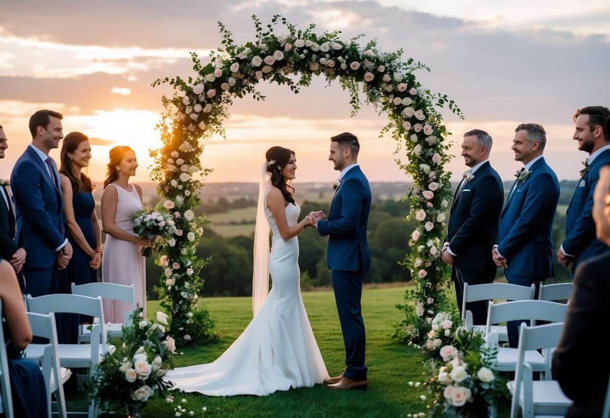 A bride and groom exchanging vows under a floral arch, surrounded by family and friends, with a picturesque sunset in the background