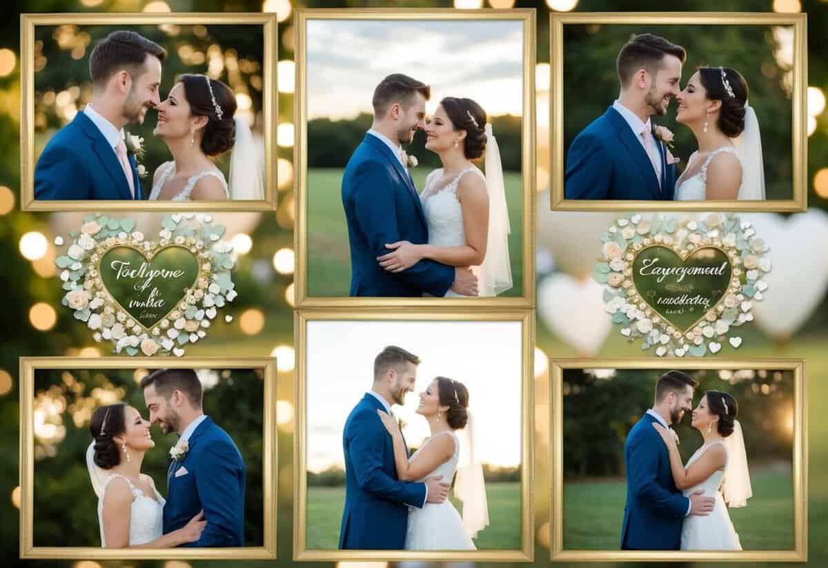 A couple's love story unfolds in a series of vignettes, from their first meeting to their engagement, framed by wedding decor and symbols