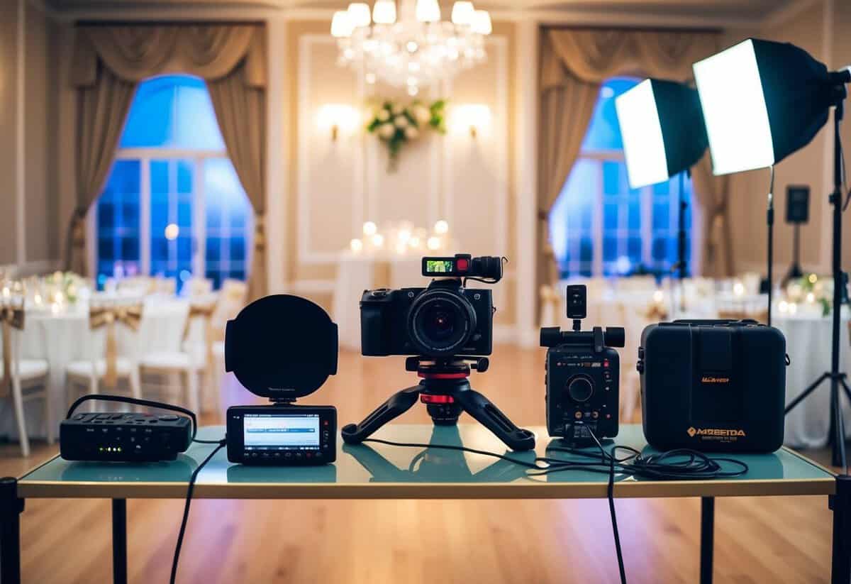 A camera, tripod, lighting equipment, and sound recording devices set up in a spacious, well-decorated room with a wedding theme