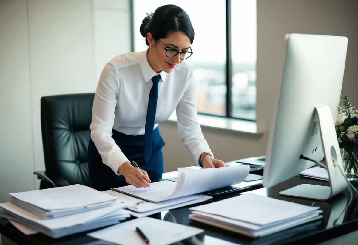 A wedding planner at a desk, surrounded by papers and a computer, carefully reviewing and editing a lengthy wedding story