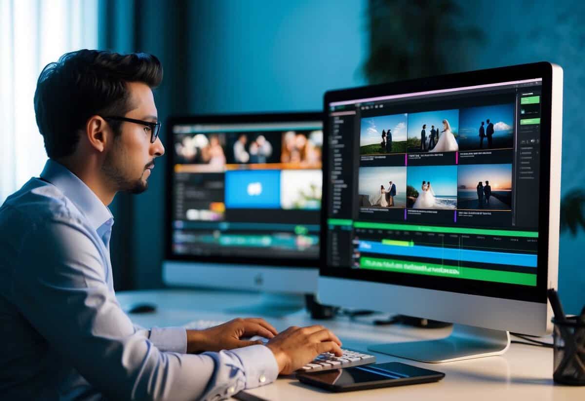 A video editor sitting at a desk, focused on a computer screen, with various editing software open and a timeline of the wedding video displayed